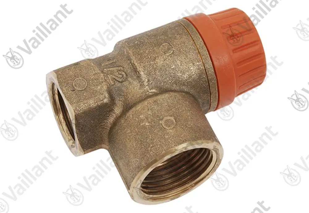 Vaillant Sicherheitsventil aus Messing mit rotem Bedienknopf, mit zwei Anschlussgewinden. Das Produkt dient zur Druckentlastung in Heizungsanlagen.